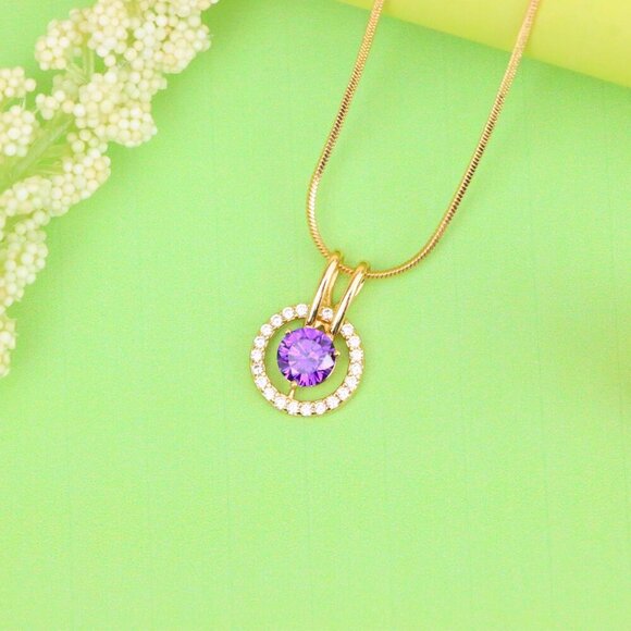 "Radiant Purple Halo Pendant in Gold Plated Brass with Crystal Ring, XPPT1711 - Picture 5 of 13